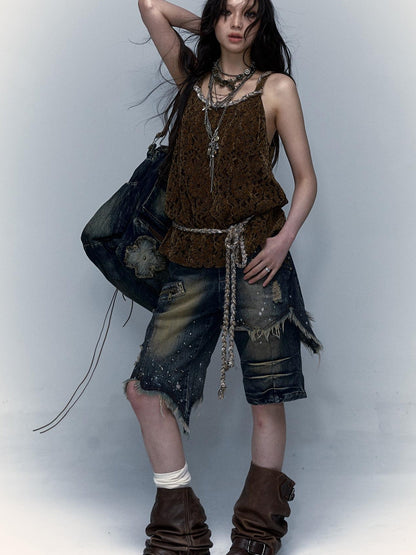 Vintage Punk Washed Ripped Wide Leg Denim Shorts Jeans