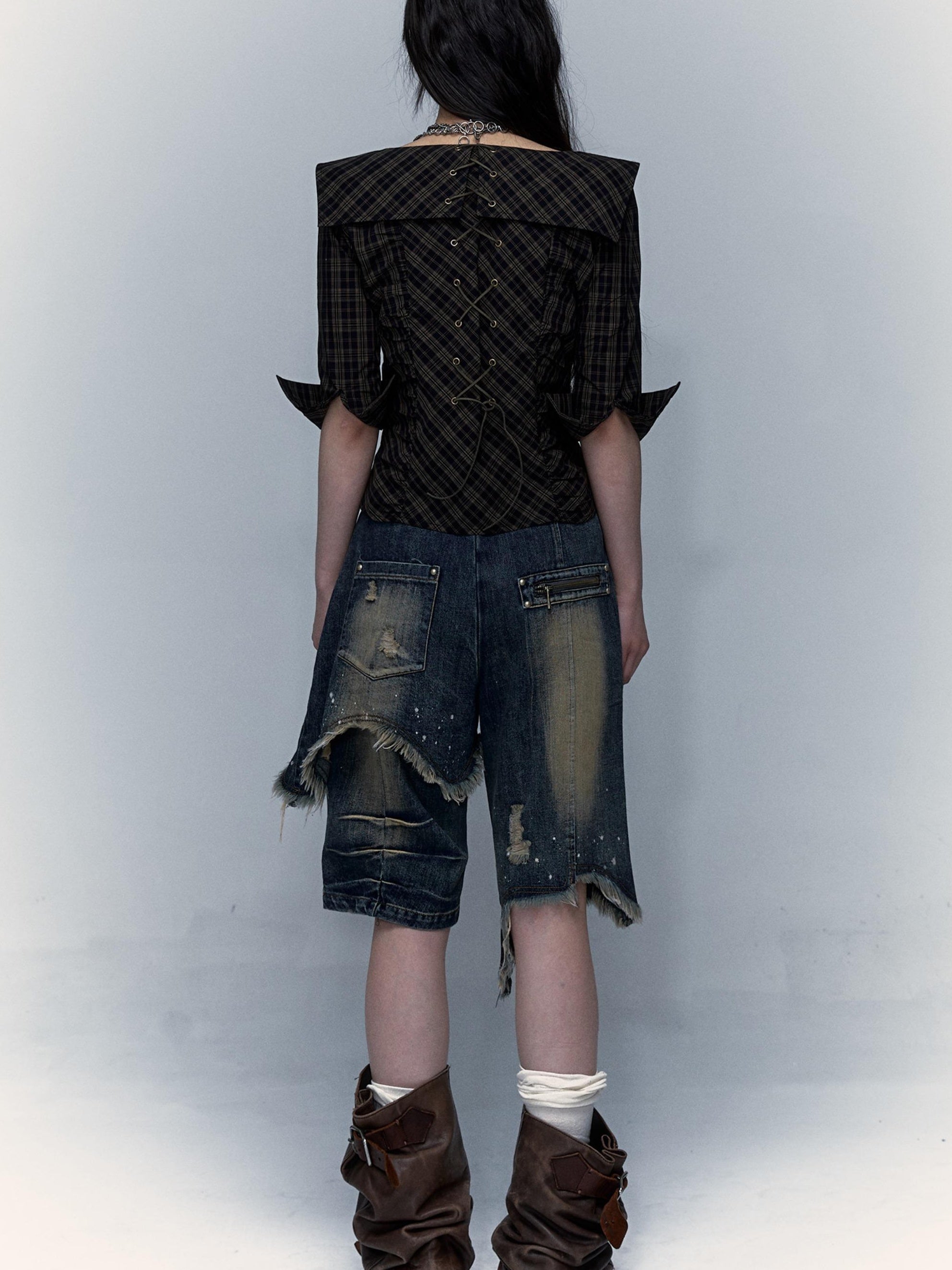 Vintage Punk Washed Ripped Wide Leg Denim Shorts Jeans
