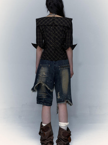 Vintage Punk Washed Ripped Wide Leg Denim Shorts Jeans