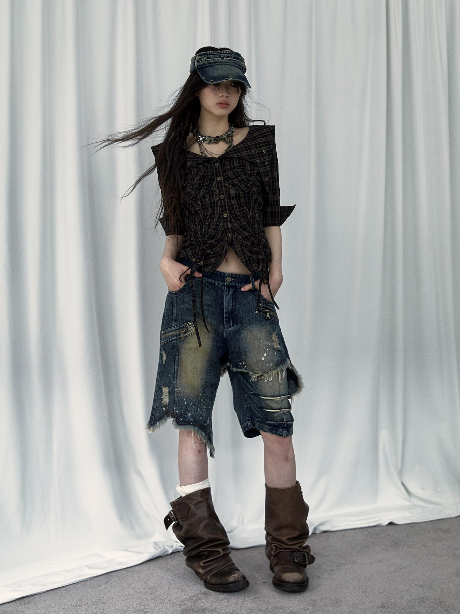 Vintage Punk Washed Ripped Wide Leg Denim Shorts Jeans