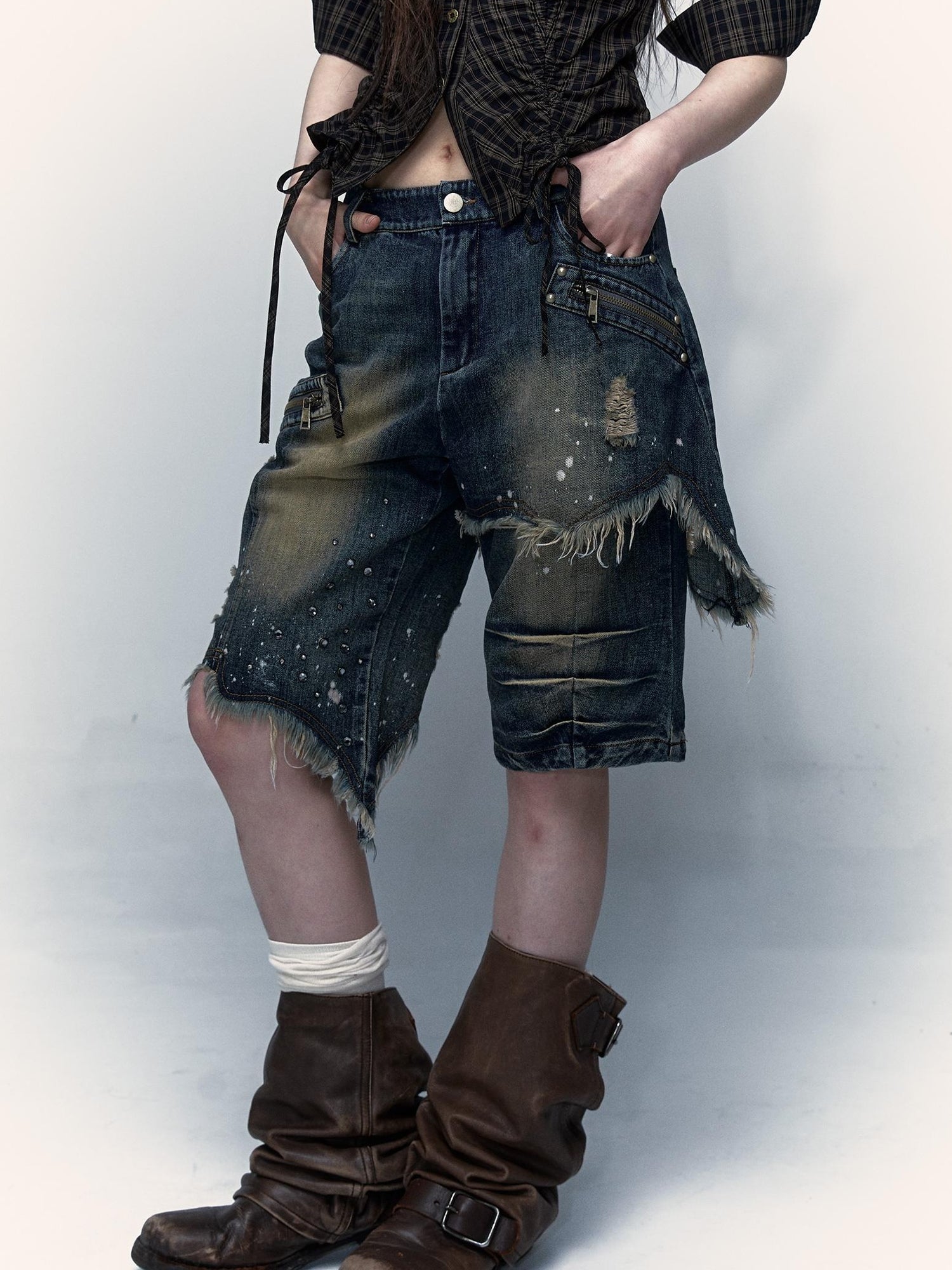 Vintage Punk Washed Ripped Wide Leg Denim Shorts Jeans