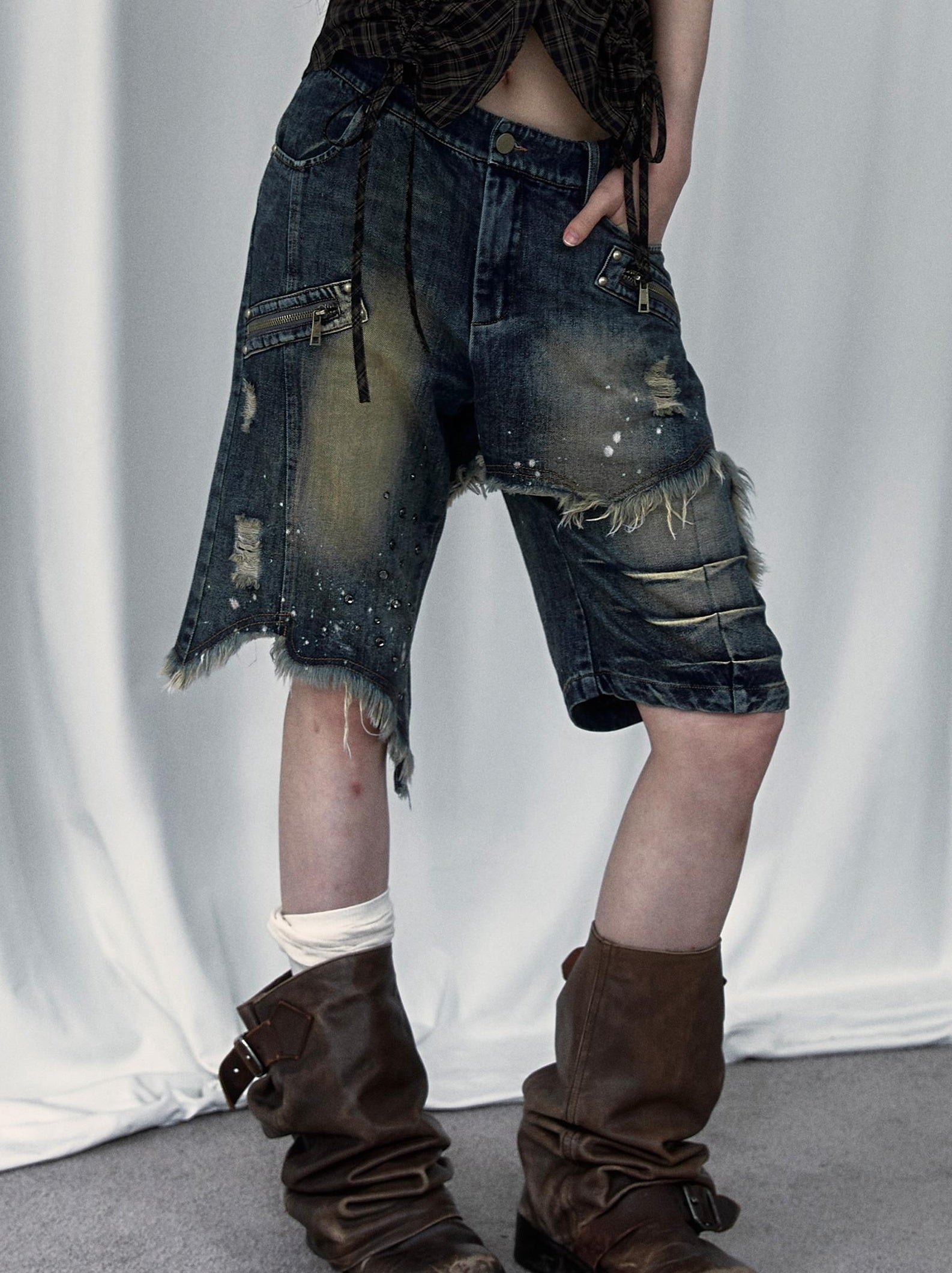 Vintage Punk Washed Ripped Wide Leg Denim Shorts Jeans