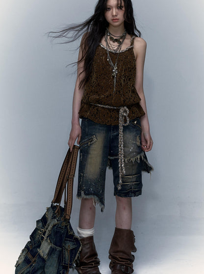Vintage Punk Washed Ripped Wide Leg Denim Shorts Jeans