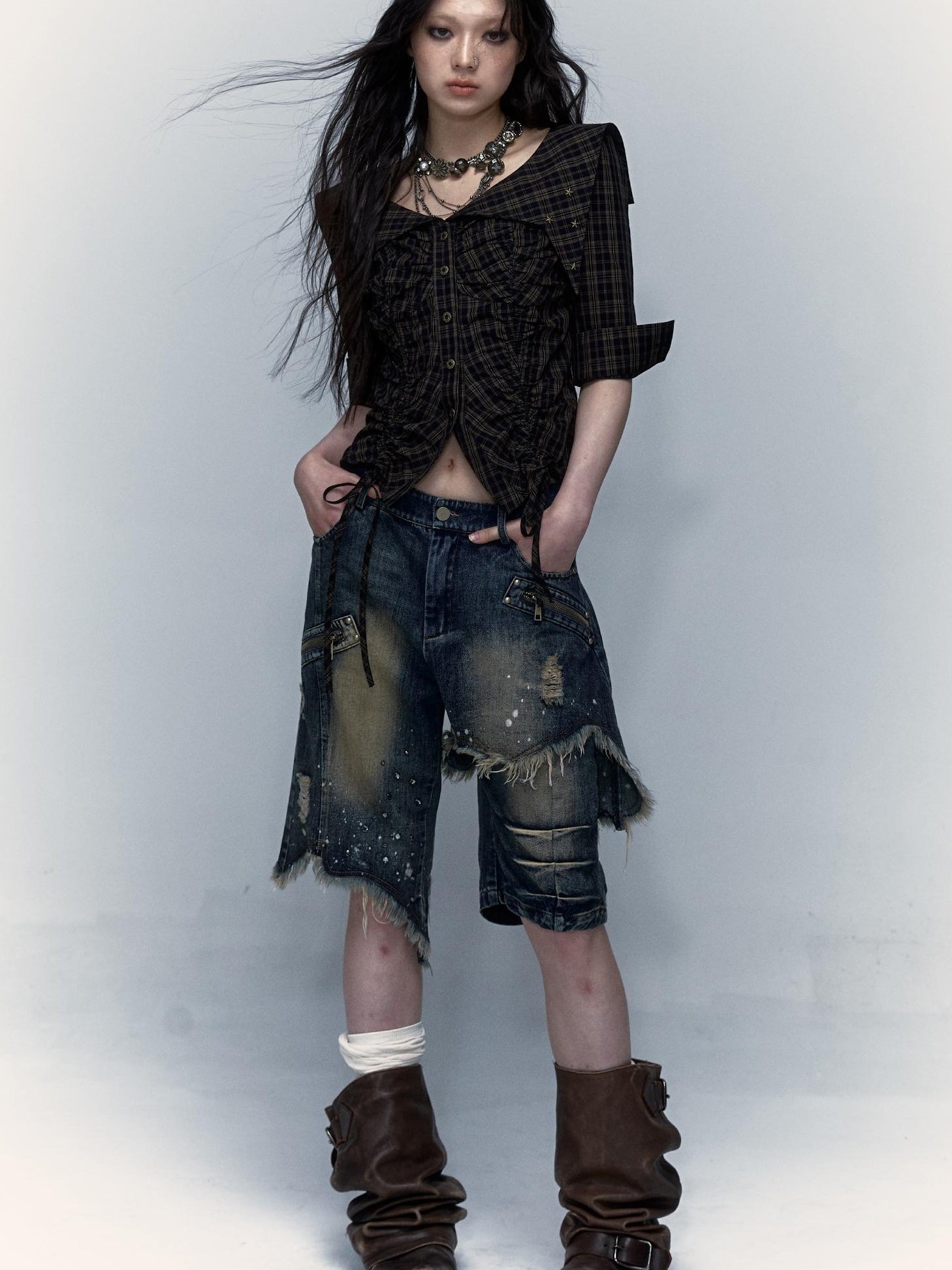 Vintage Punk Washed Ripped Wide Leg Denim Shorts Jeans