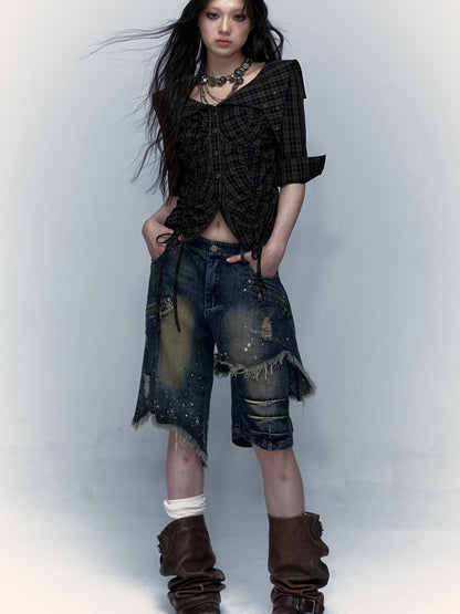 Vintage Punk Washed Ripped Wide Leg Denim Shorts Jeans