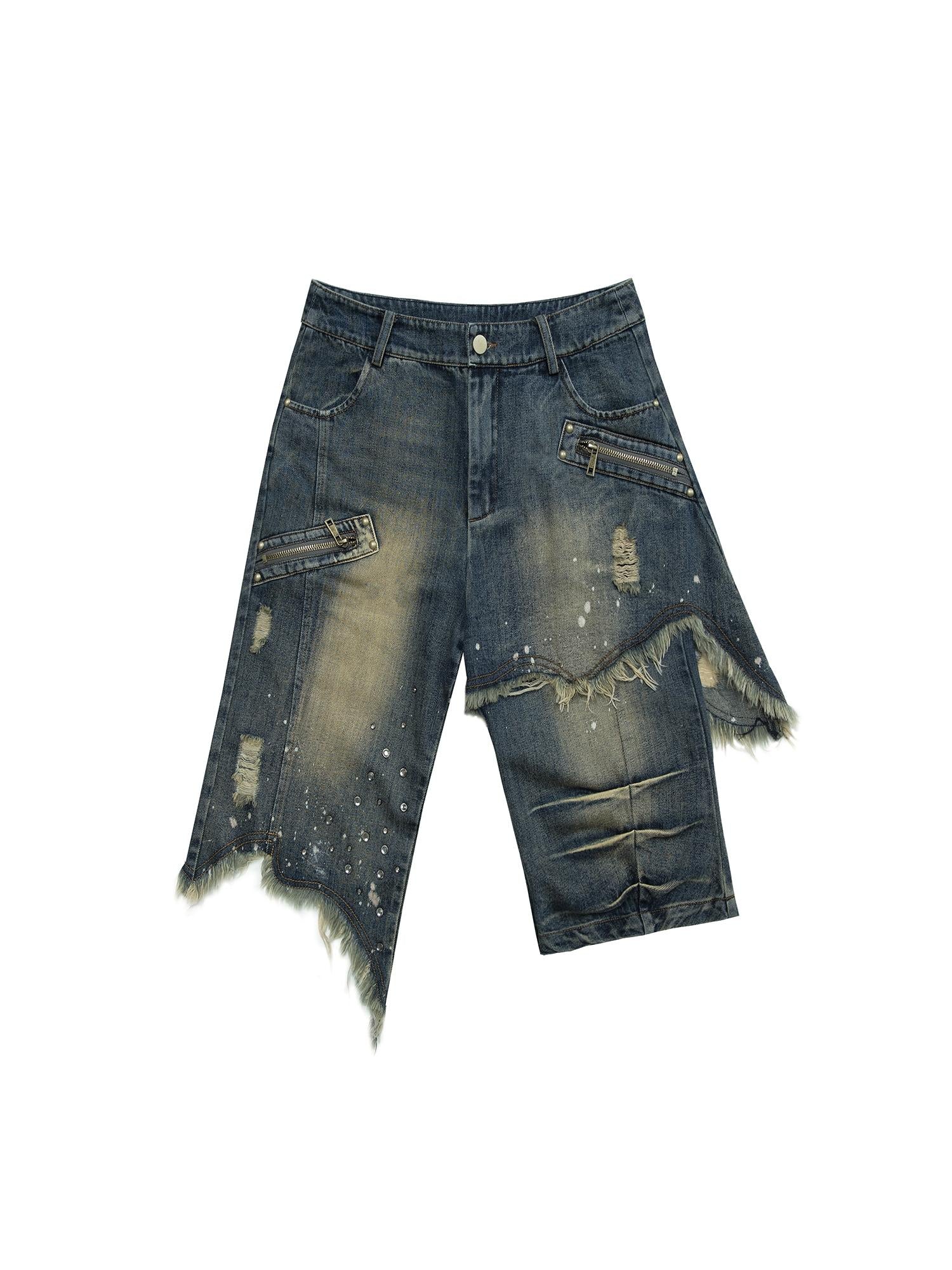 Vintage Punk Washed Ripped Wide Leg Denim Shorts Jeans