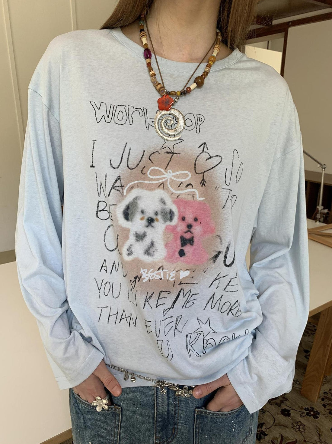 DIDDI MODA Vintage Puppy Print Loose Fit Tee