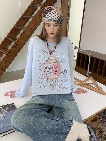 DIDDI MODA Vintage Puppy Print Loose Fit Tee