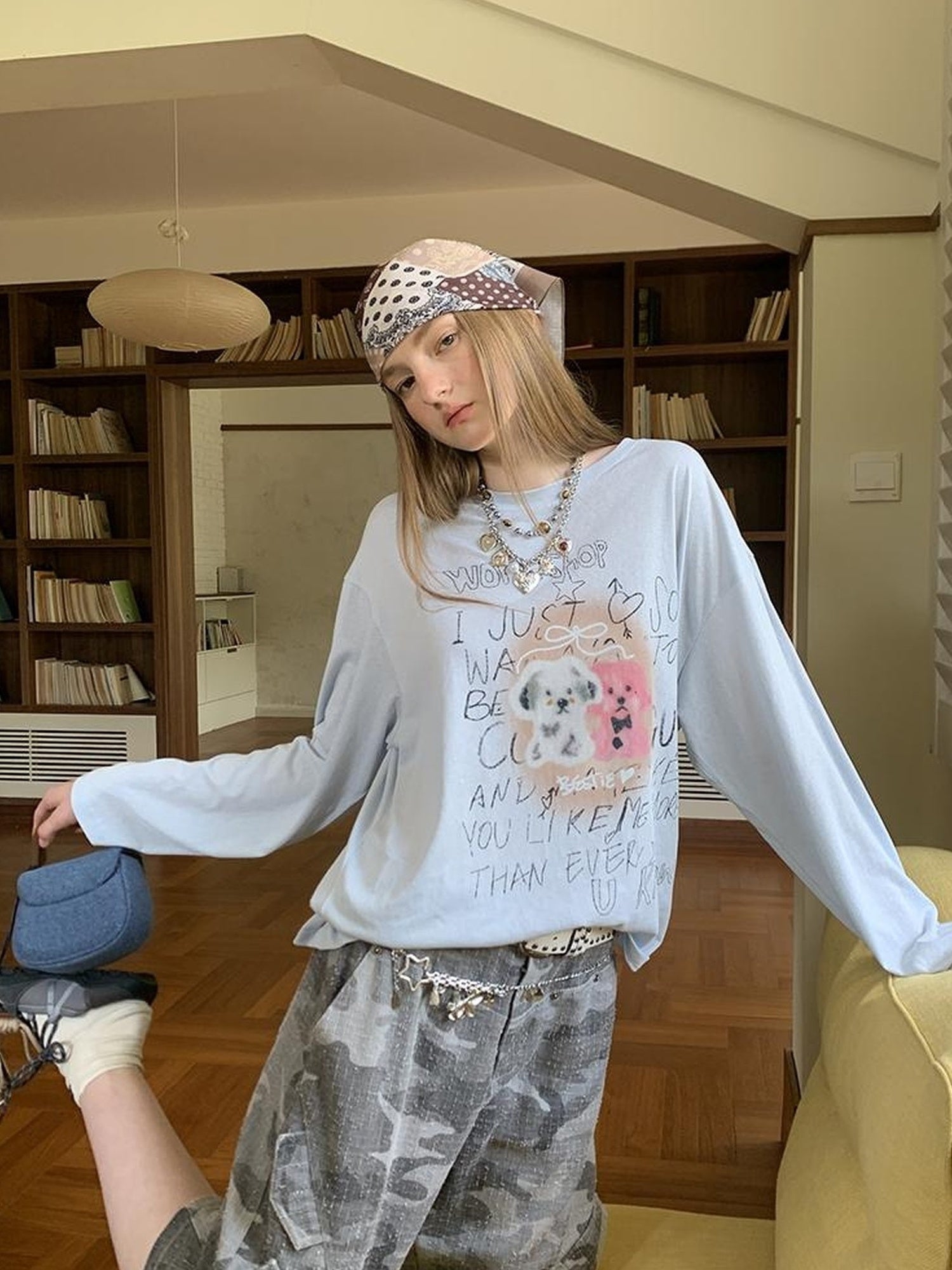 DIDDI MODA Vintage Puppy Print Loose Fit Tee