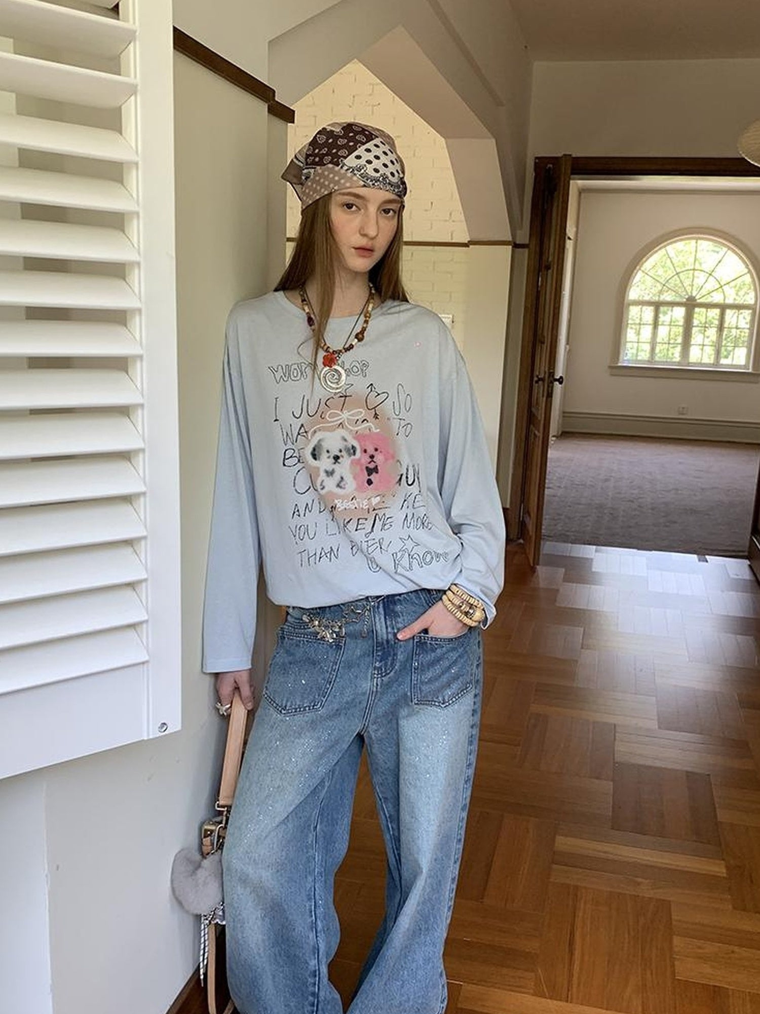 DIDDI MODA Vintage Puppy Print Loose Fit Tee