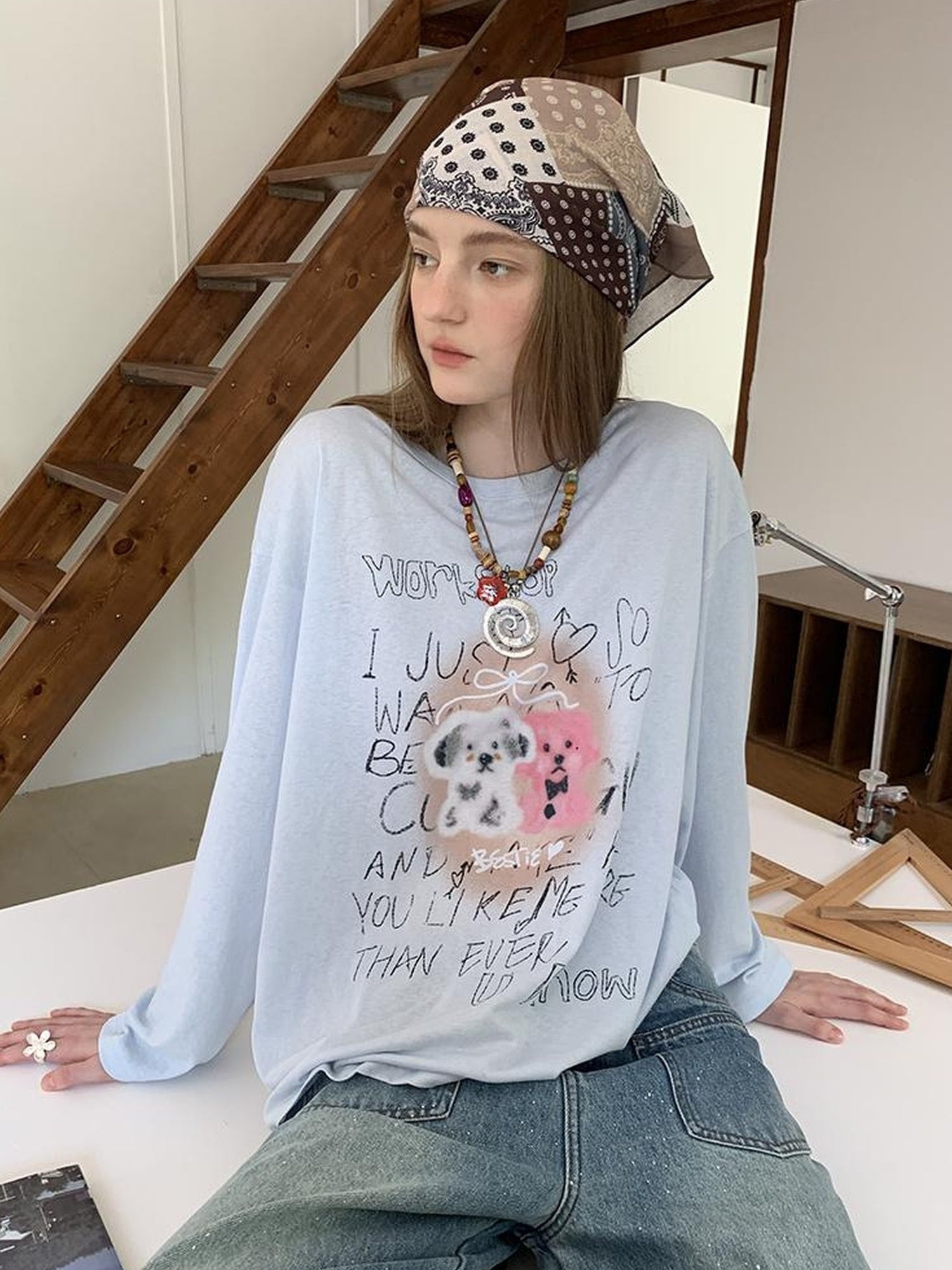DIDDI MODA Vintage Puppy Print Loose Fit Tee