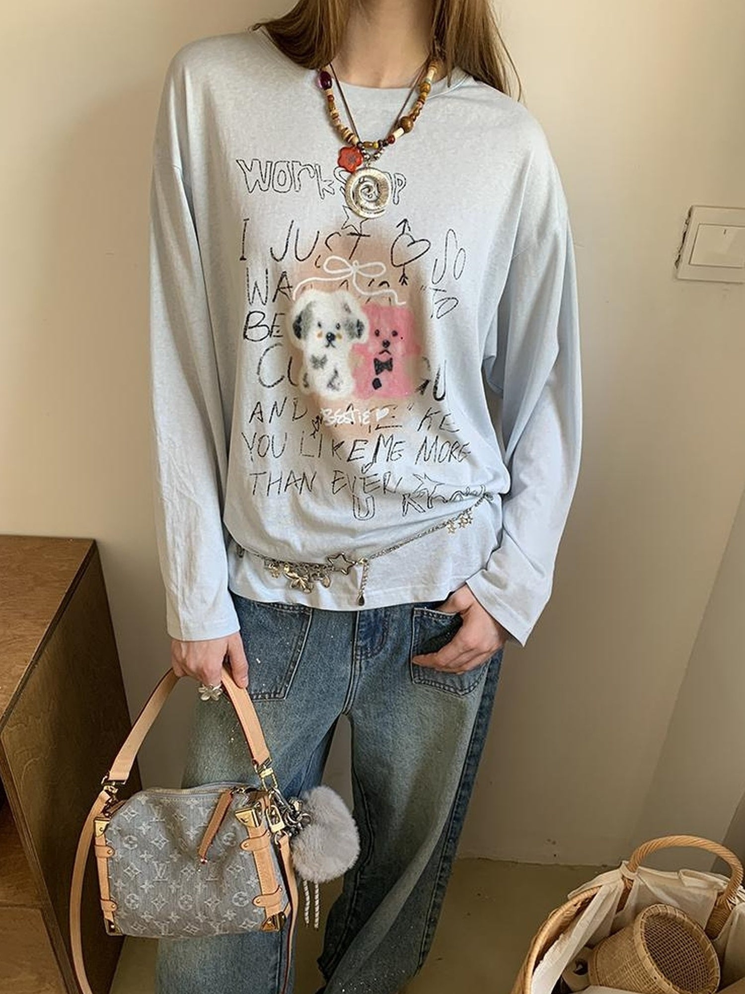 DIDDI MODA Vintage Puppy Print Loose Fit Tee