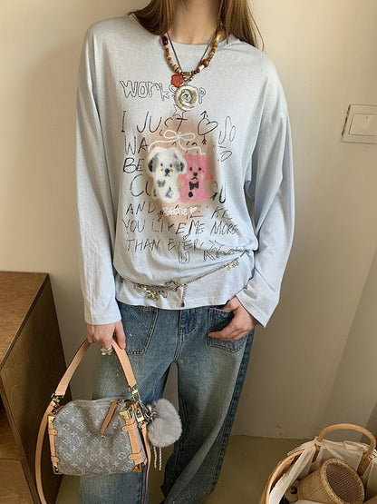 DIDDI MODA Vintage Puppy Print Loose Fit Tee