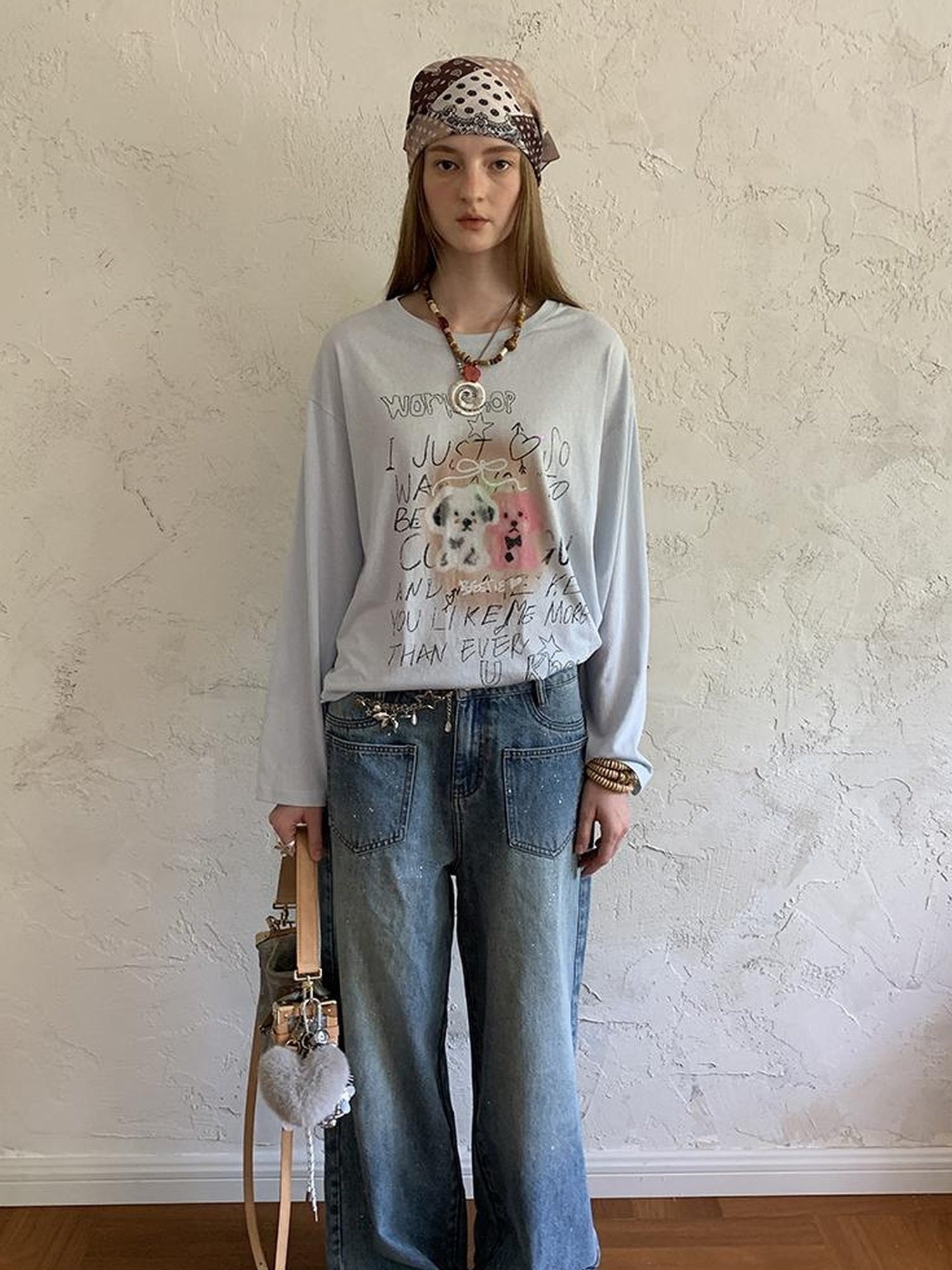 DIDDI MODA Vintage Puppy Print Loose Fit Tee
