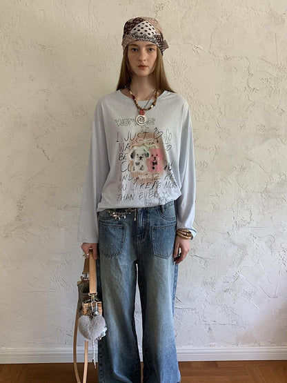 DIDDI MODA Vintage Puppy Print Loose Fit Tee
