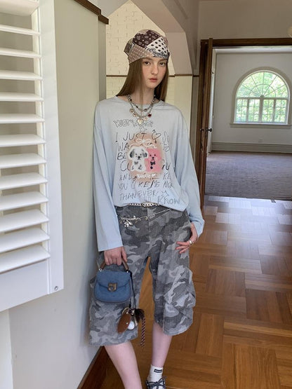 DIDDI MODA Vintage Puppy Print Loose Fit Tee