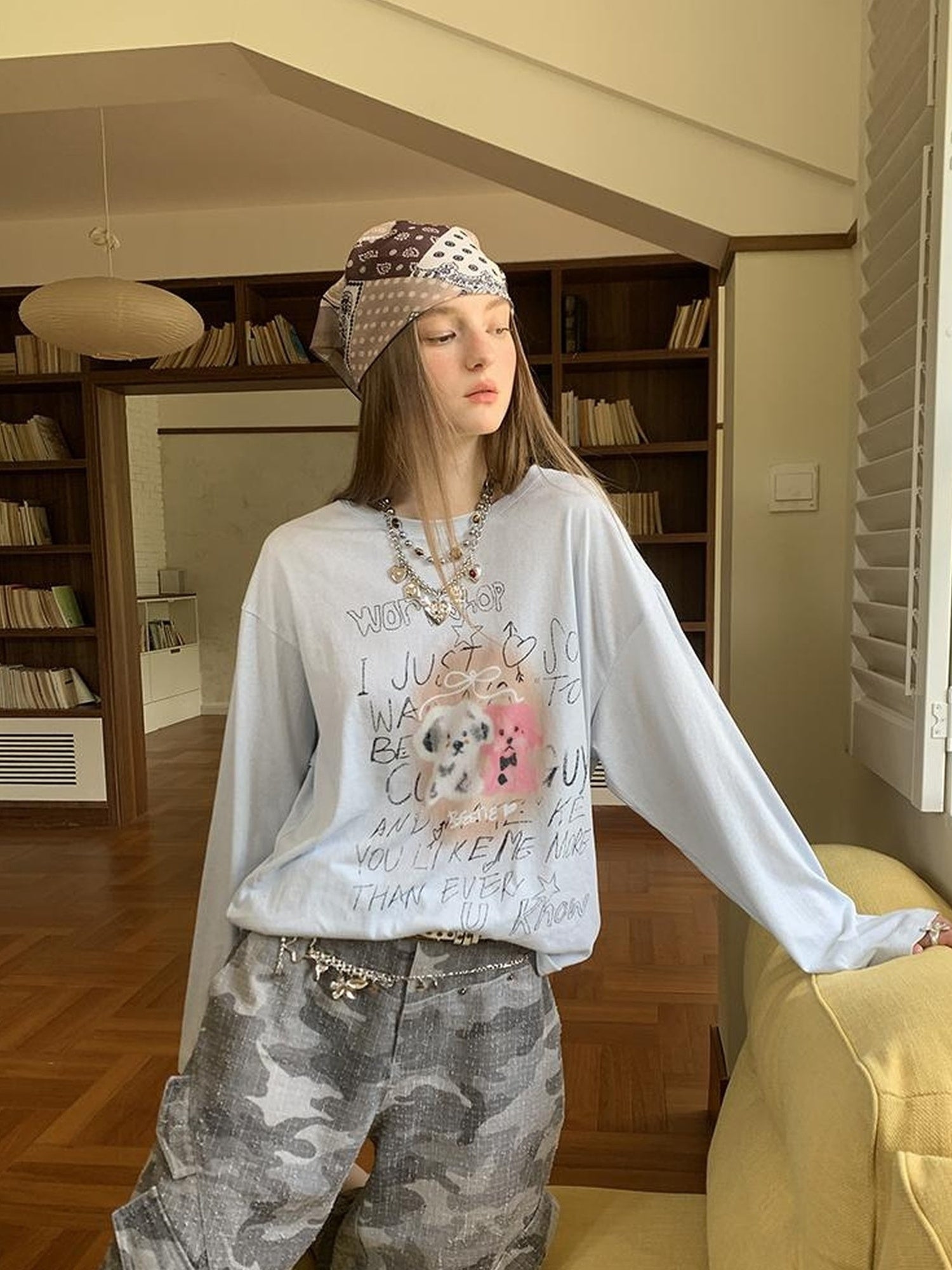 DIDDI MODA Vintage Puppy Print Loose Fit Tee