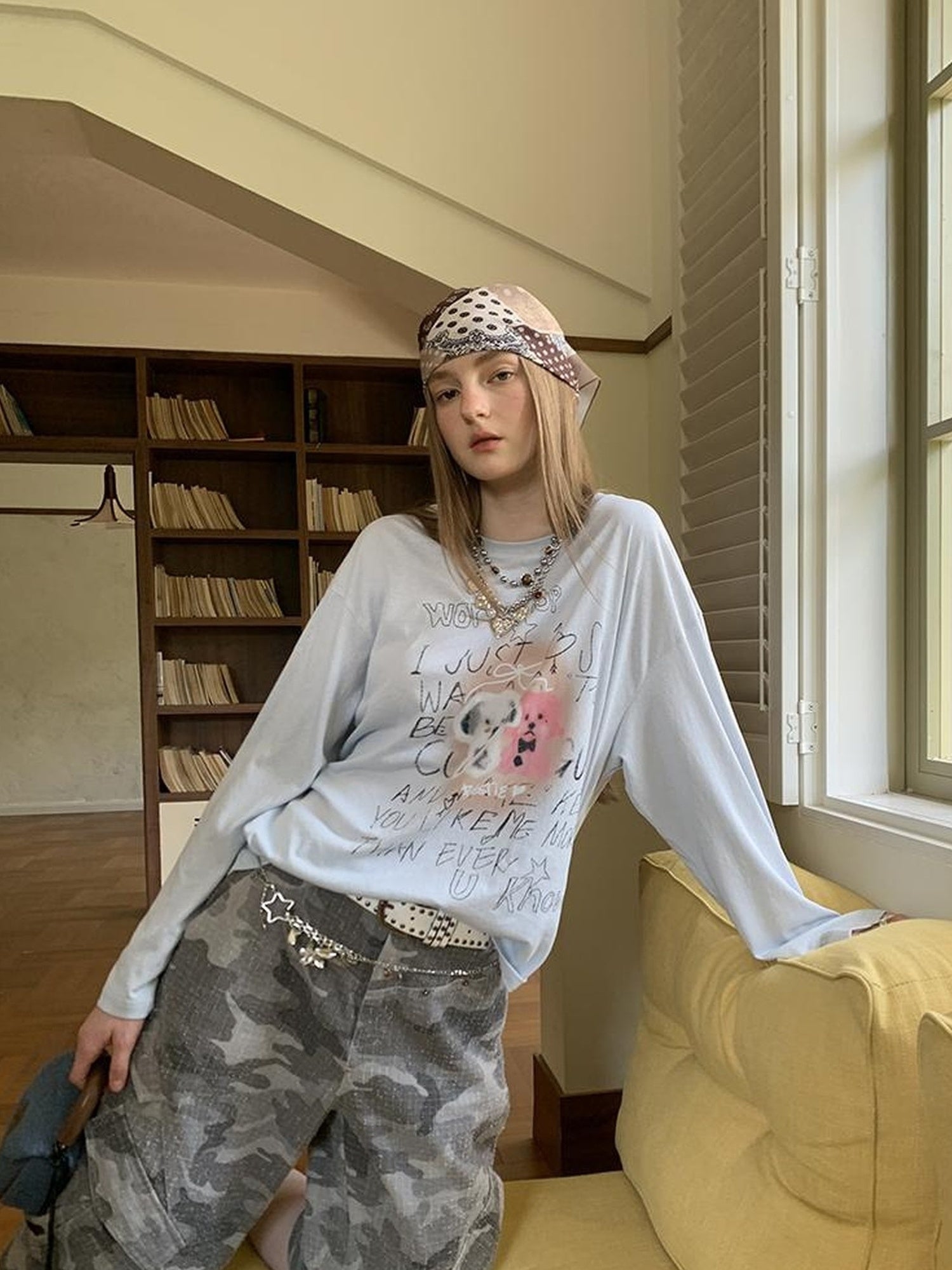 DIDDI MODA Vintage Puppy Print Loose Fit Tee