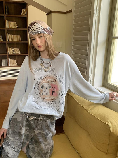 DIDDI MODA Vintage Puppy Print Loose Fit Tee