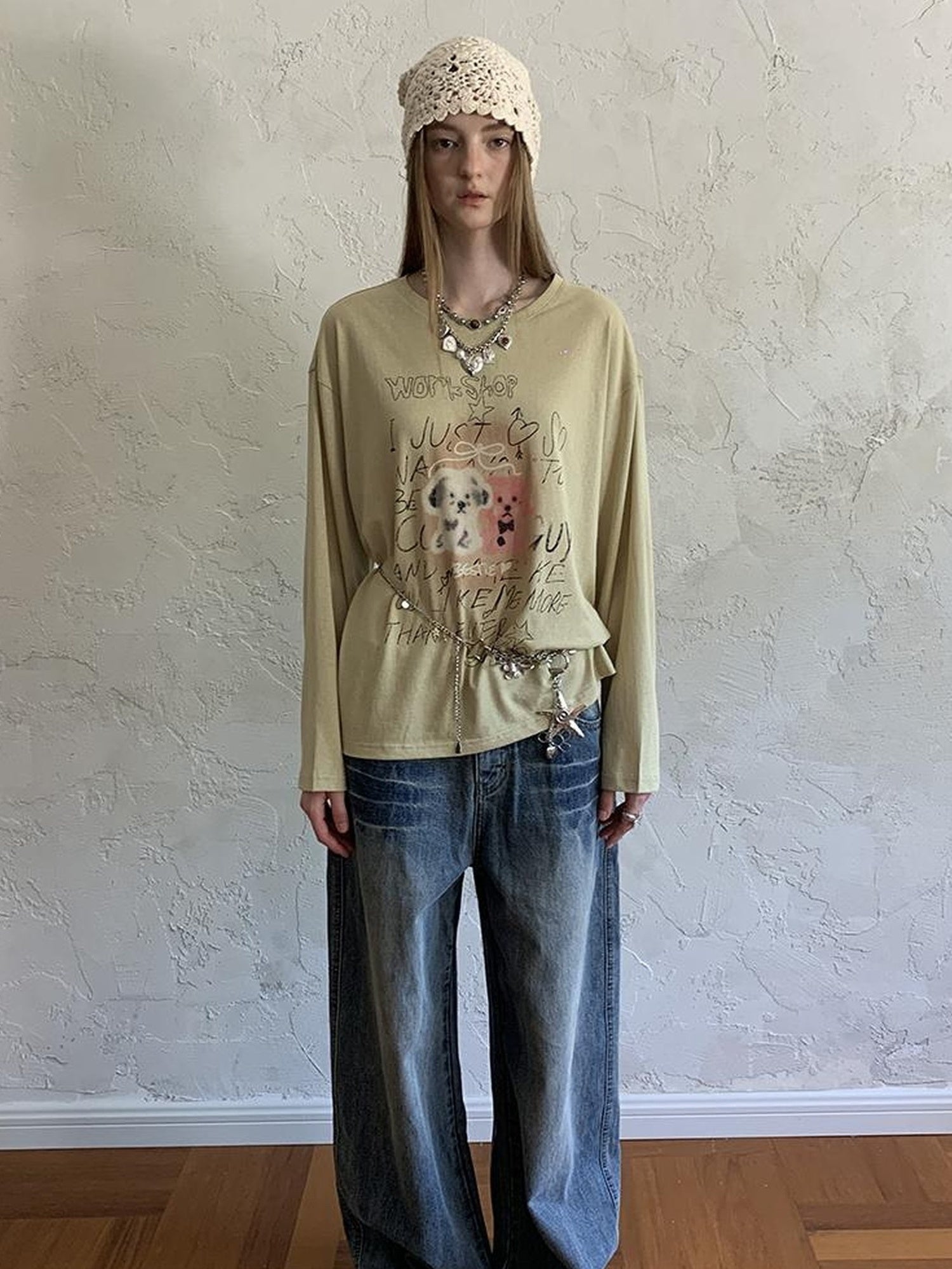 DIDDI MODA Vintage Puppy Print Loose Fit Tee