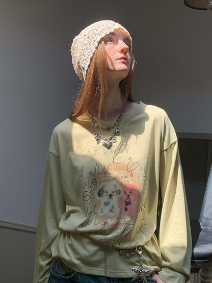 DIDDI MODA Vintage Puppy Print Loose Fit Tee