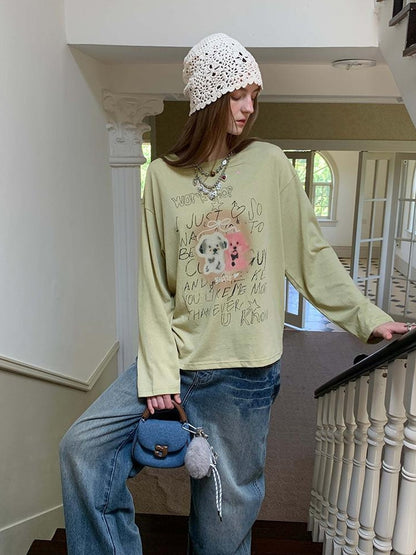 DIDDI MODA Vintage Puppy Print Loose Fit Tee