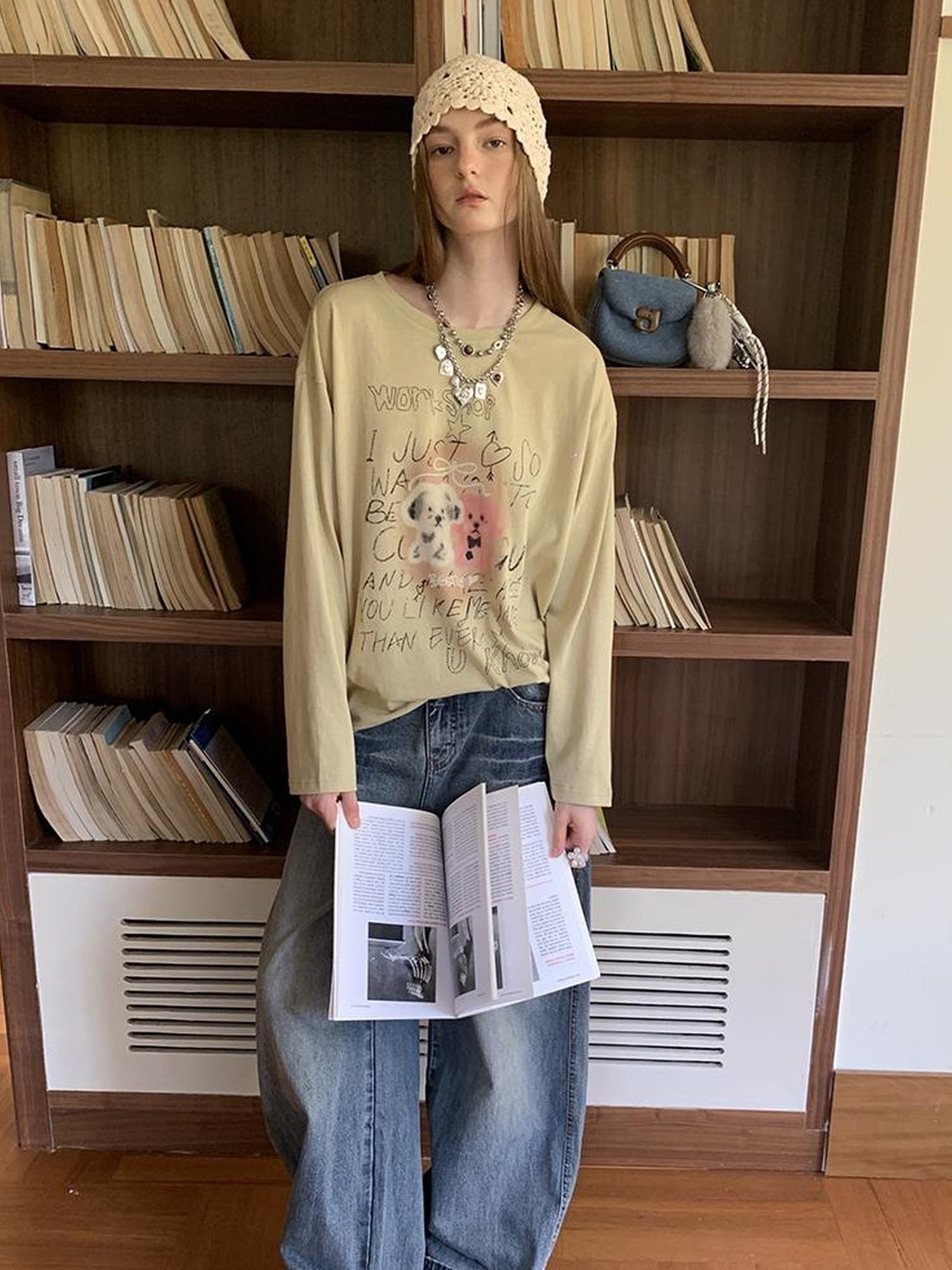 DIDDI MODA Vintage Puppy Print Loose Fit Tee