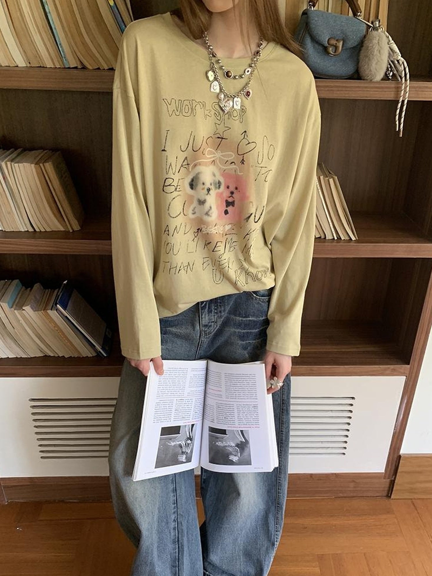 DIDDI MODA Vintage Puppy Print Loose Fit Tee