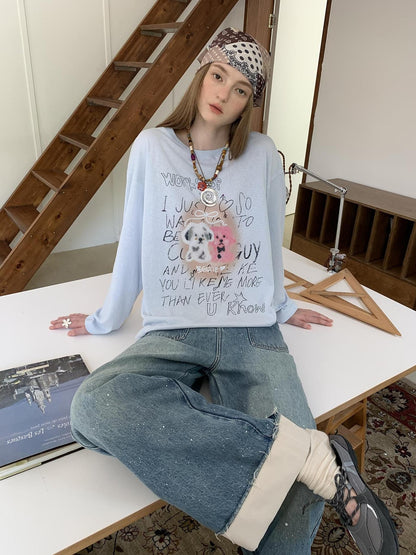 DIDDI MODA Vintage Puppy Print Loose Fit Tee