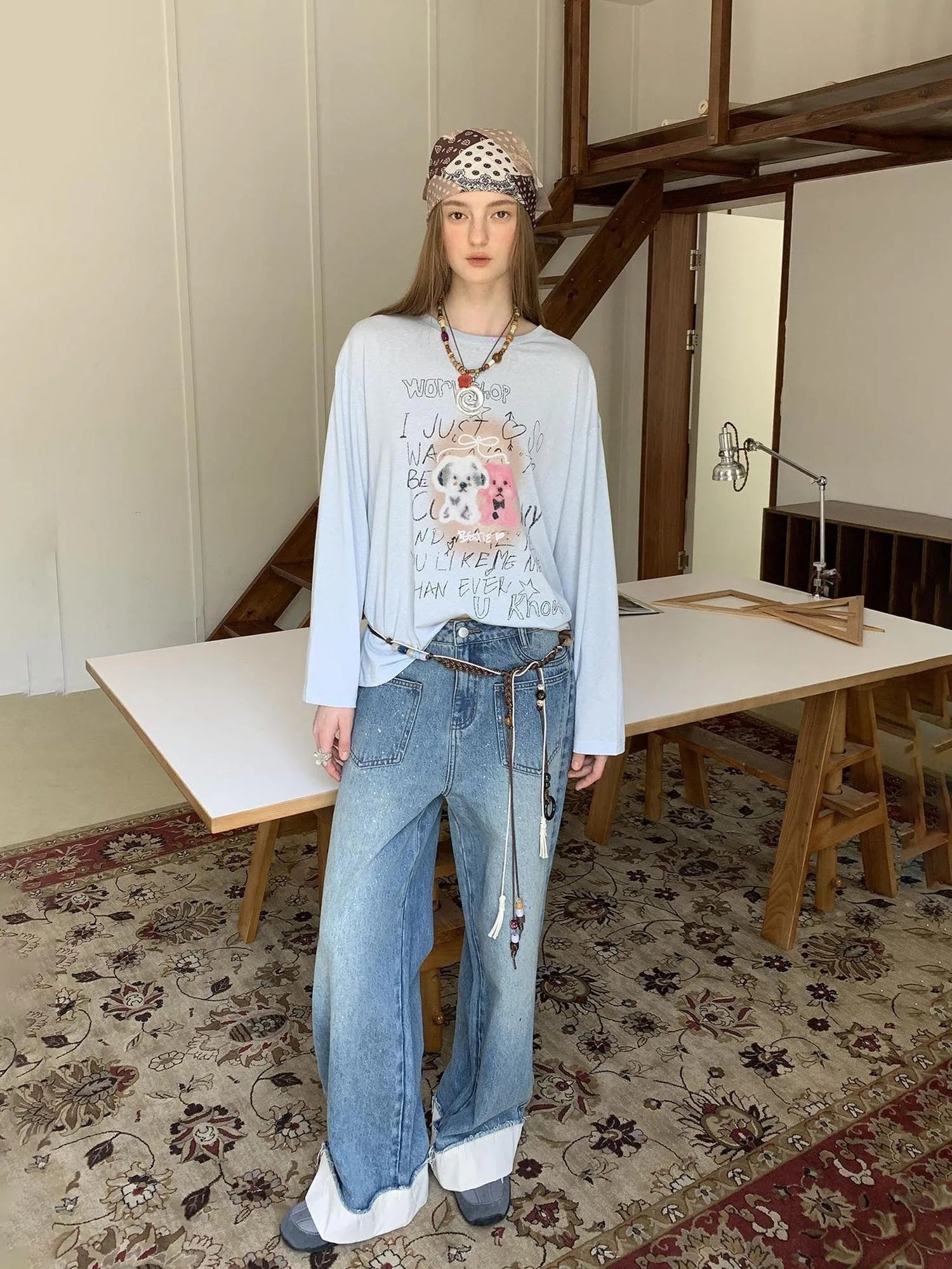 Vintage Puppy Print Loose Fit Tee