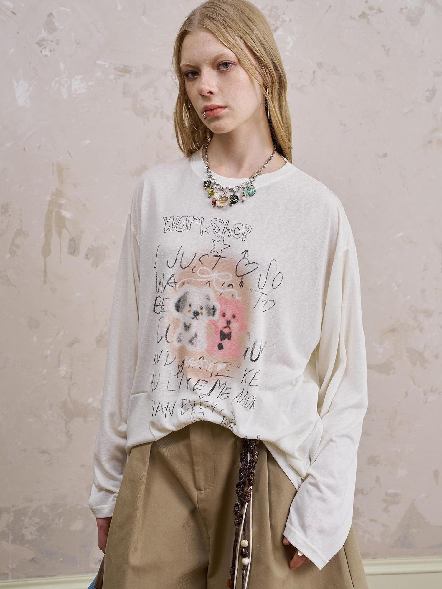 DIDDI MODA Vintage Puppy Print Loose Fit Tee