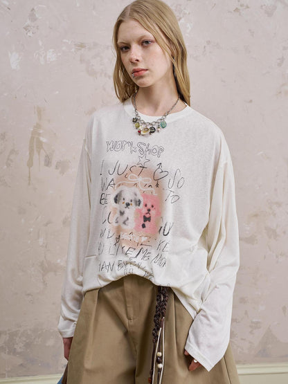 DIDDI MODA Vintage Puppy Print Loose Fit Tee