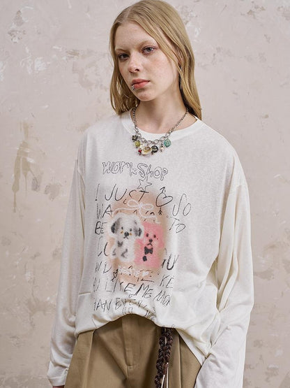 DIDDI MODA Vintage Puppy Print Loose Fit Tee