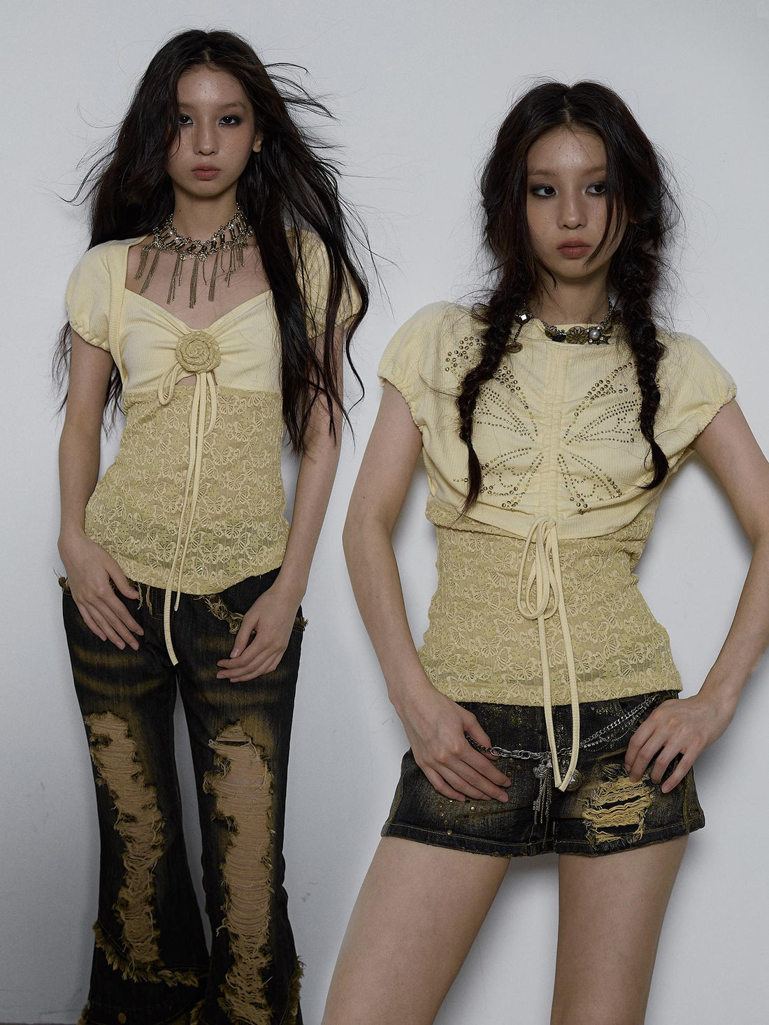 NO ROMANCE Vintage Pure Sexy Beaded Reversible Lace Knit Bubble Sleeve T-Shirt