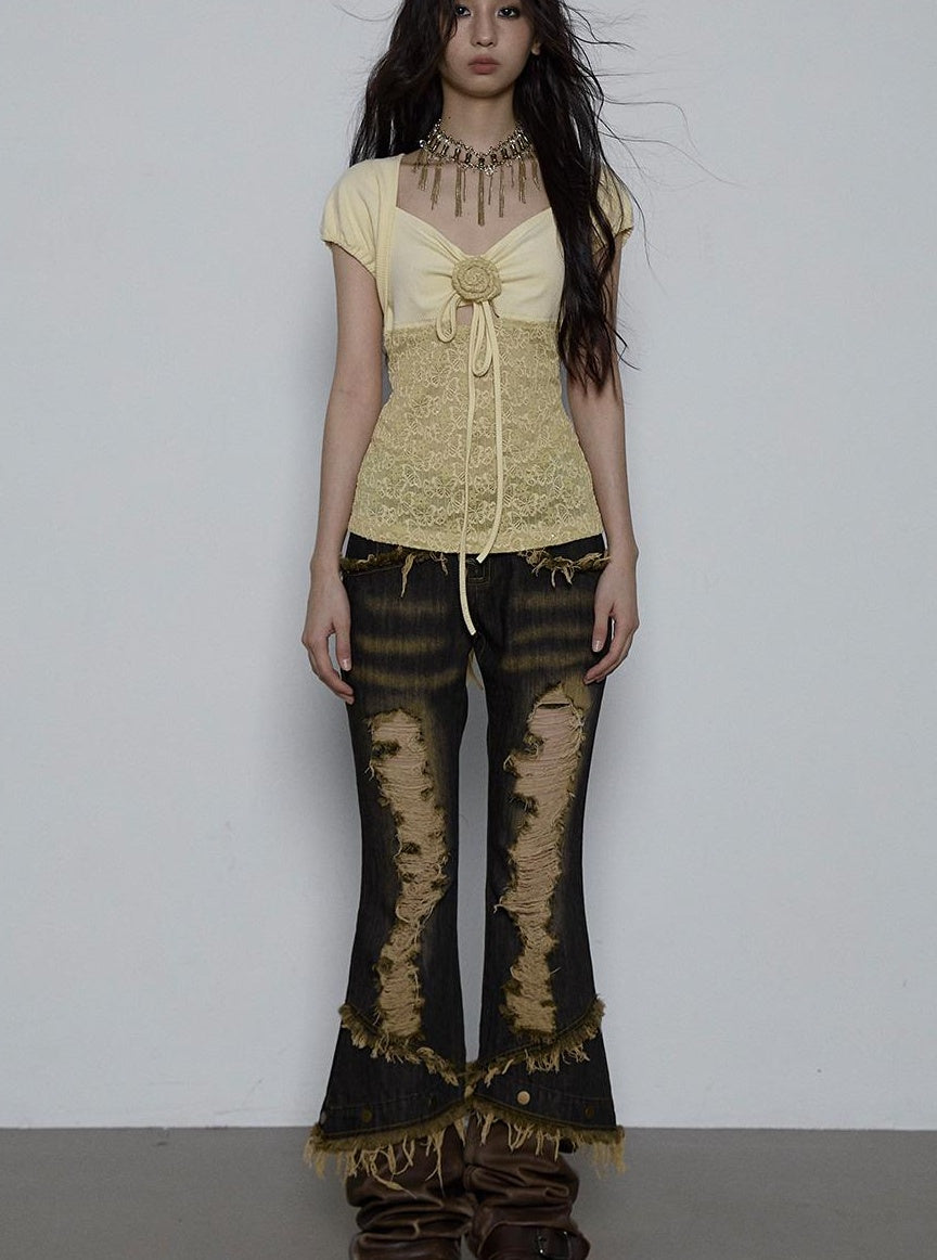 NO ROMANCE Vintage Pure Sexy Beaded Reversible Lace Knit Bubble Sleeve T-Shirt