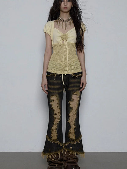 Vintage Pure Sexy Beaded Reversible Lace Knit Bubble Sleeve T-Shirt