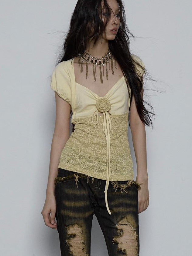 NO ROMANCE Vintage Pure Sexy Beaded Reversible Lace Knit Bubble Sleeve T-Shirt
