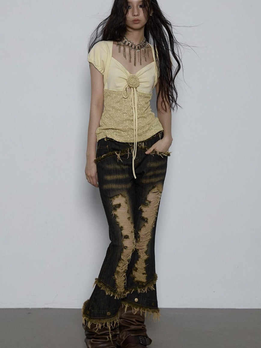 NO ROMANCE Vintage Pure Sexy Beaded Reversible Lace Knit Bubble Sleeve T-Shirt