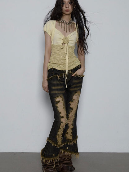 NO ROMANCE Vintage Pure Sexy Beaded Reversible Lace Knit Bubble Sleeve T-Shirt