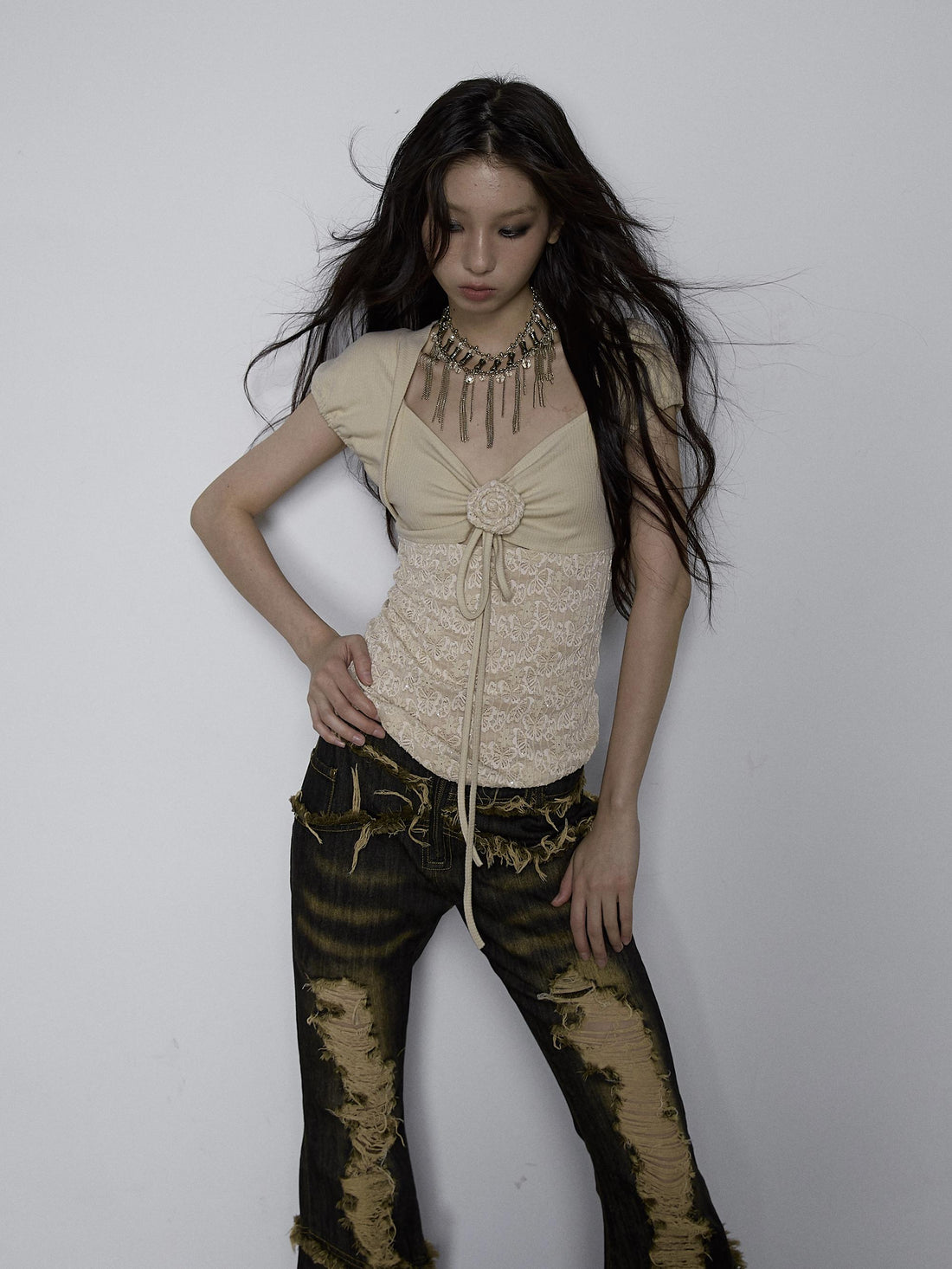 NO ROMANCE Vintage Pure Sexy Beaded Reversible Lace Knit Bubble Sleeve T-Shirt