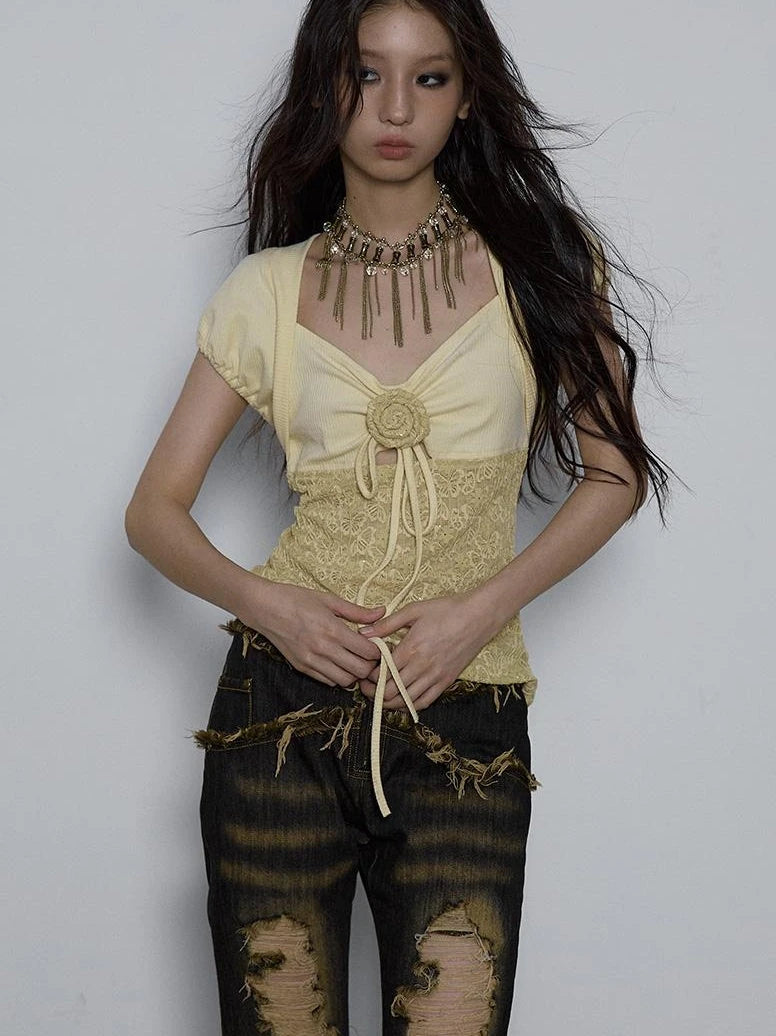 Vintage Pure Sexy Beaded Reversible Lace Knit Bubble Sleeve T-Shirt