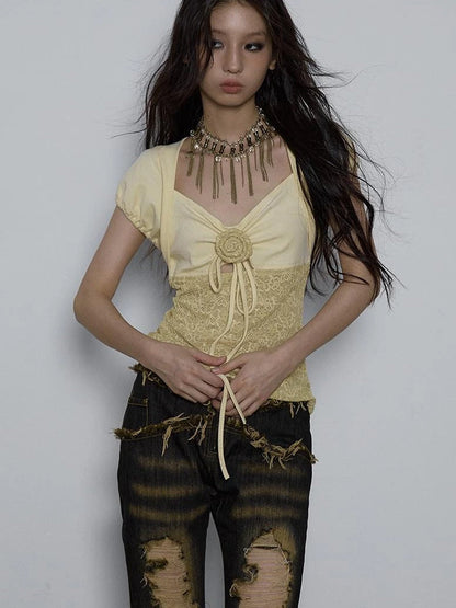 Vintage Pure Sexy Beaded Reversible Lace Knit Bubble Sleeve T-Shirt