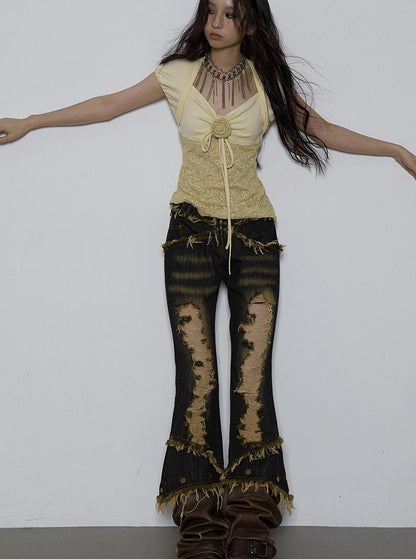 NO ROMANCE Vintage Pure Sexy Beaded Reversible Lace Knit Bubble Sleeve T-Shirt