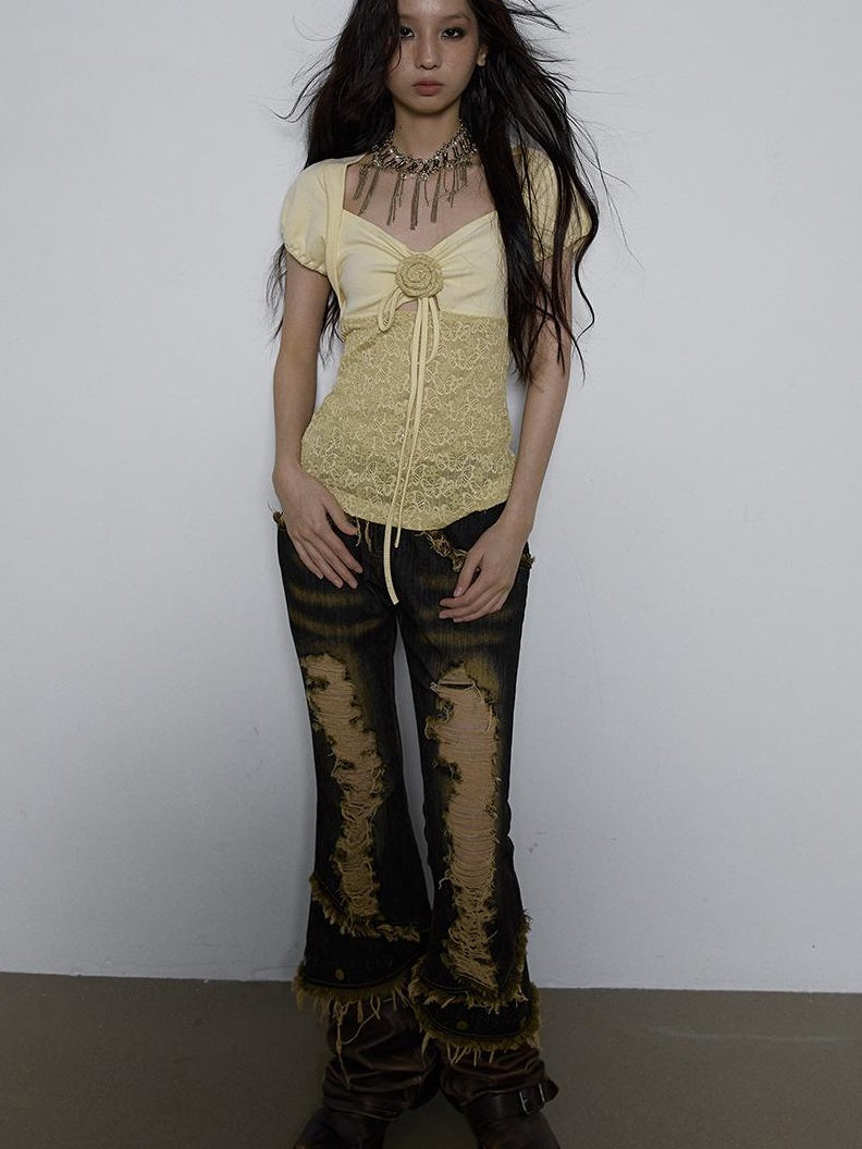 NO ROMANCE Vintage Pure Sexy Beaded Reversible Lace Knit Bubble Sleeve T-Shirt