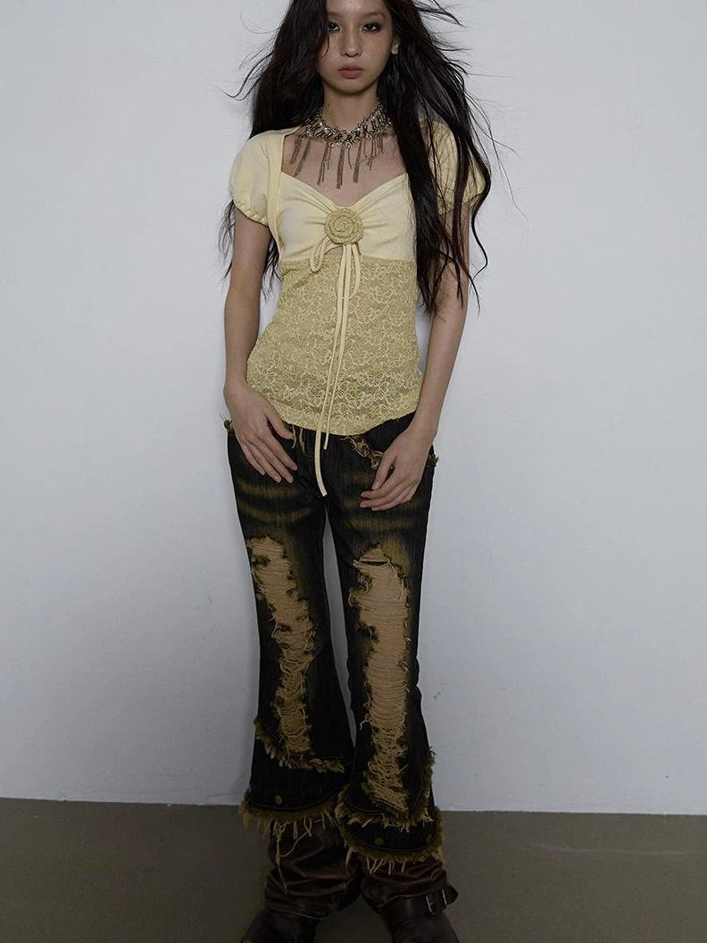 Vintage Pure Sexy Beaded Reversible Lace Knit Bubble Sleeve T-Shirt