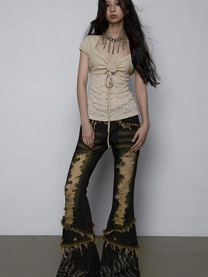Vintage Pure Sexy Beaded Reversible Lace Knit Bubble Sleeve T-Shirt