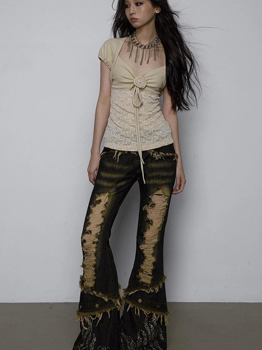 Vintage Pure Sexy Beaded Reversible Lace Knit Bubble Sleeve T-Shirt
