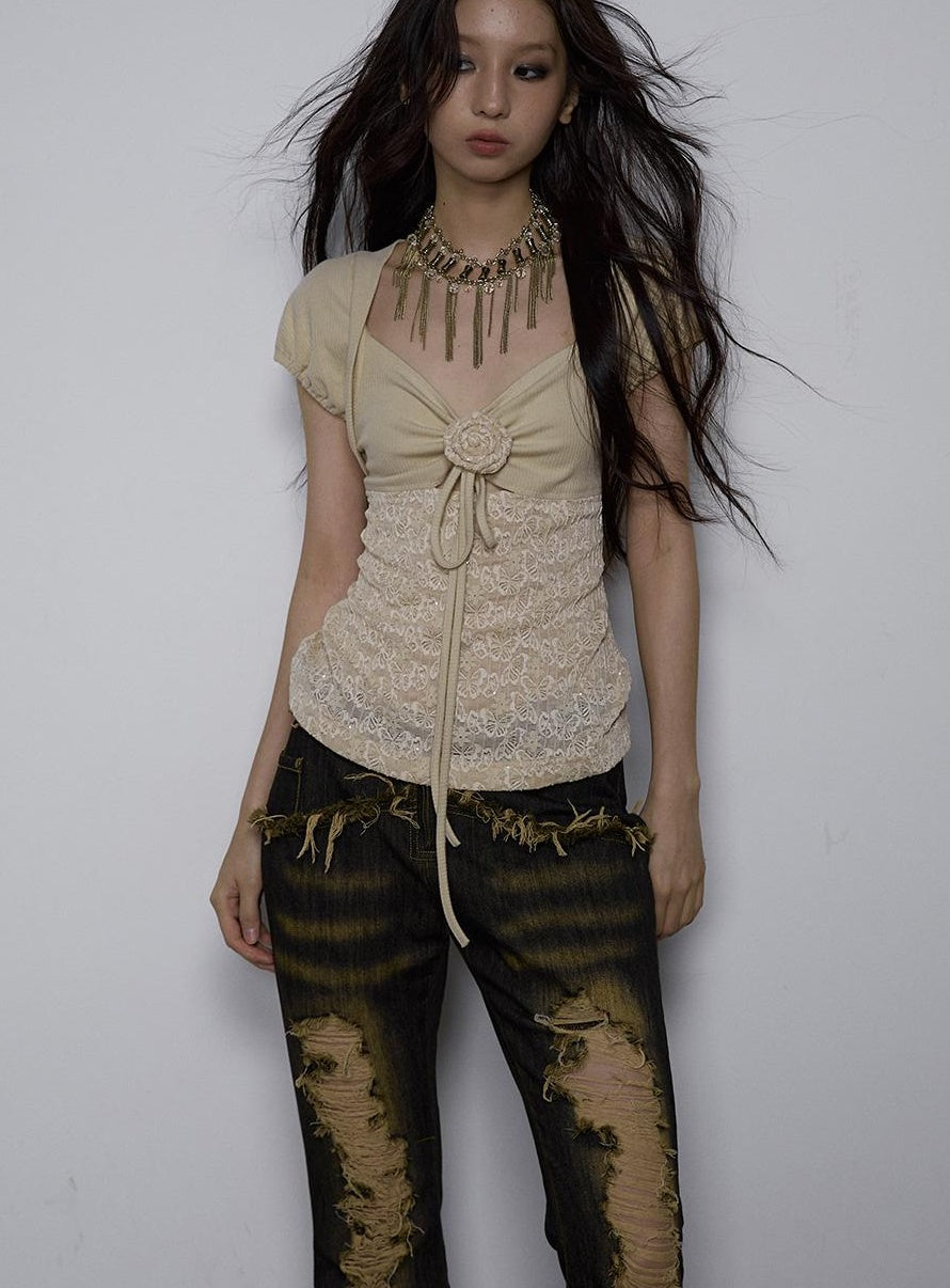 NO ROMANCE Vintage Pure Sexy Beaded Reversible Lace Knit Bubble Sleeve T-Shirt