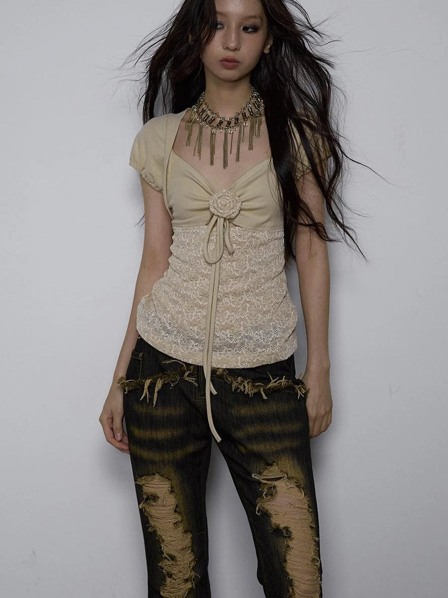 Vintage Pure Sexy Beaded Reversible Lace Knit Bubble Sleeve T-Shirt