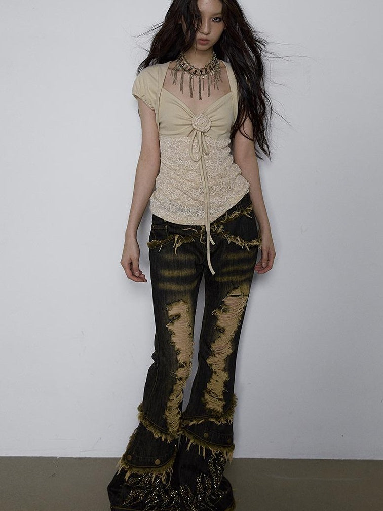 NO ROMANCE Vintage Pure Sexy Beaded Reversible Lace Knit Bubble Sleeve T-Shirt